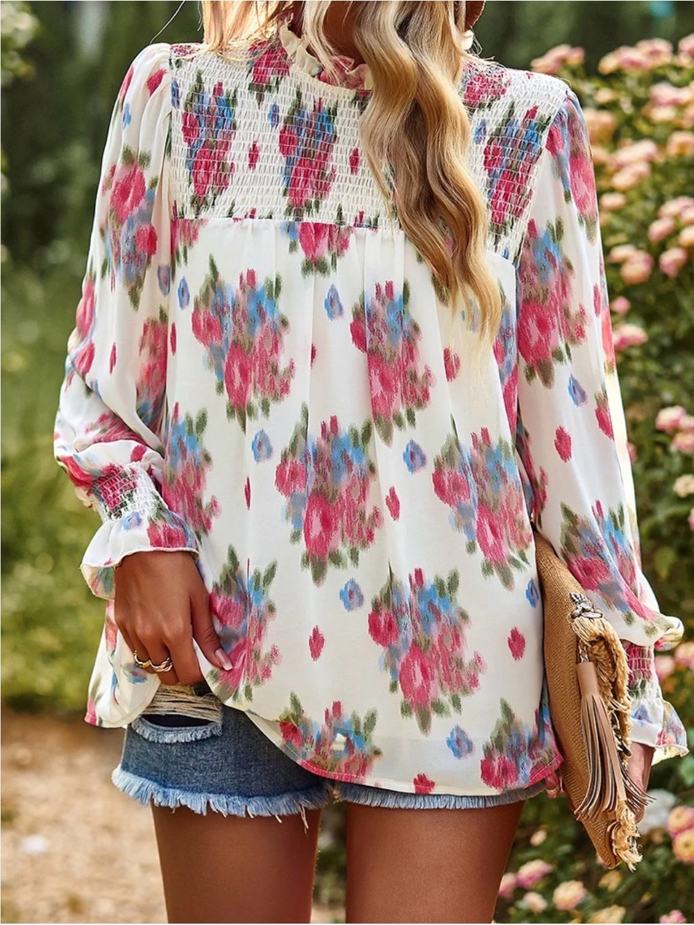entro White Floral Smocked Yoke Long-Sleeve mock neck Blouse